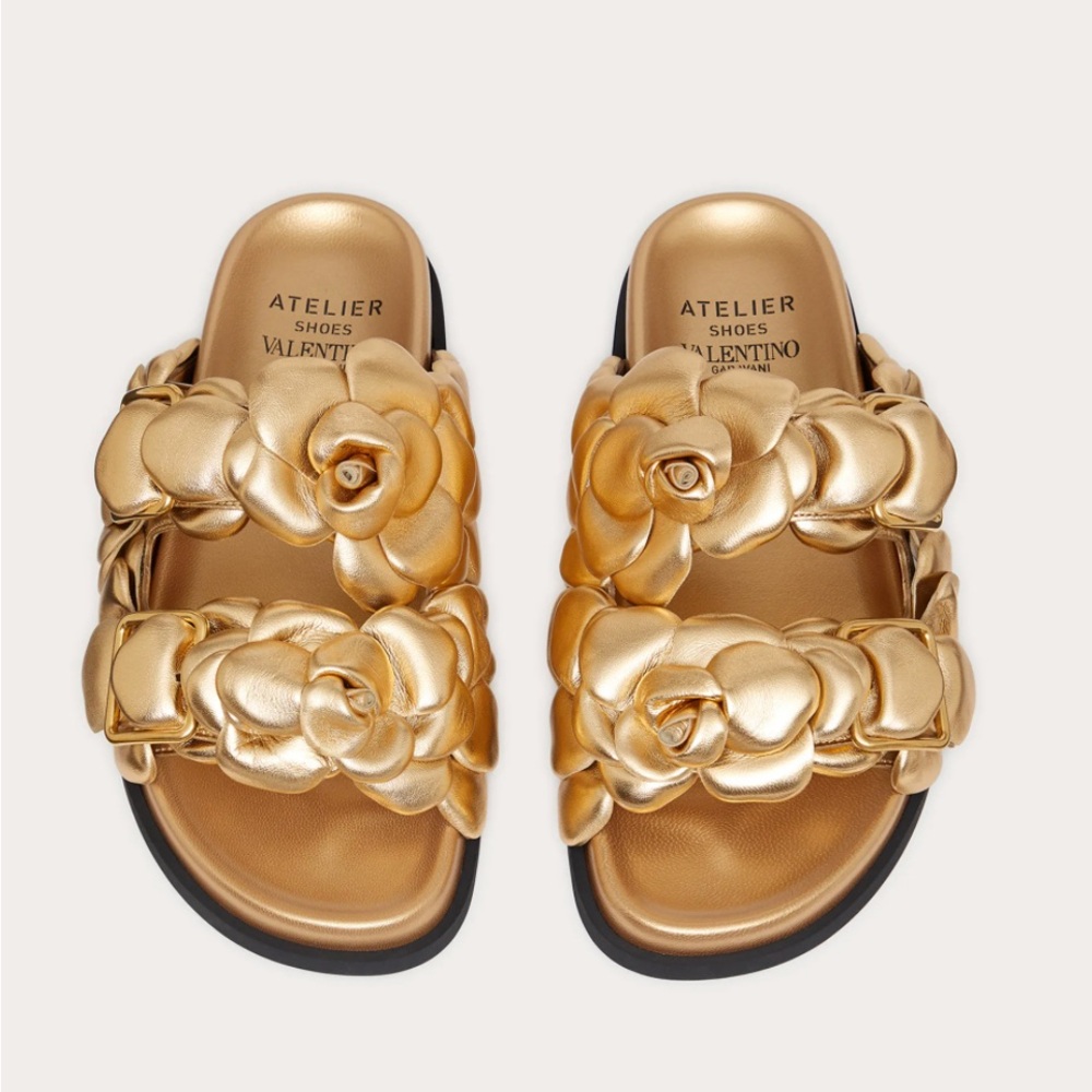 VALENTINO GARAVINI Gold METALLIC Floral Slide Sandals